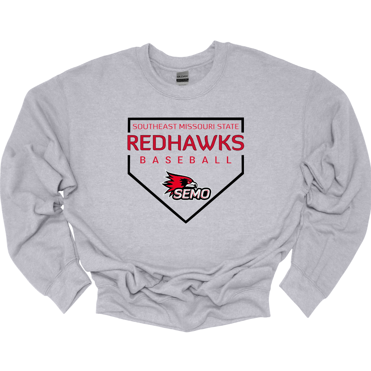 Gray sweatshirt with Southeast Missouri State Redhawks baseball design on a white background