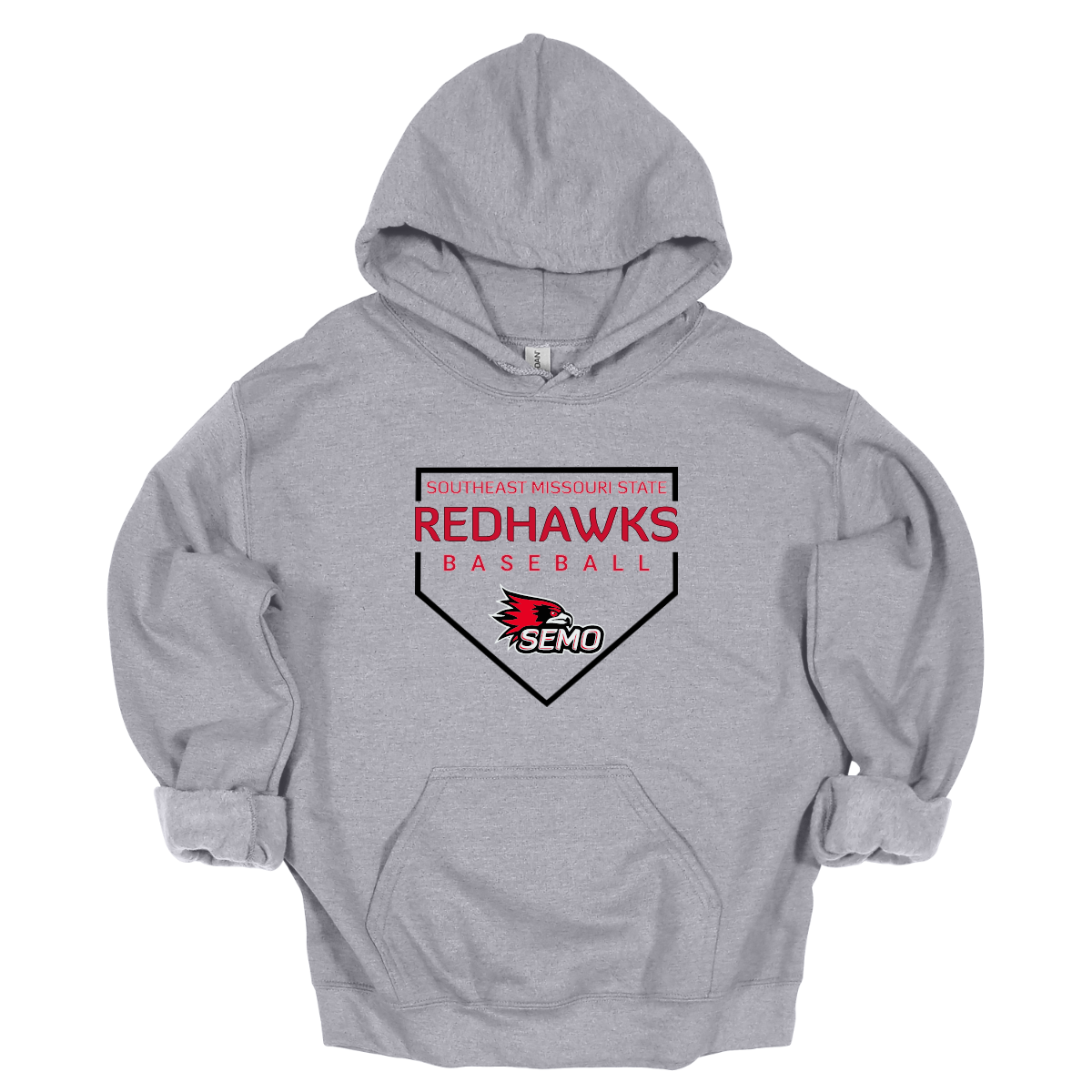 Gray hoodie with Redhawks baseball logo on a white background
