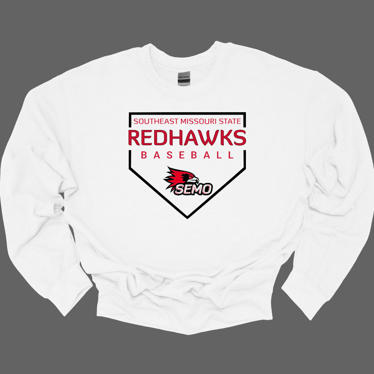 White sweatshirt with Southeast Missouri State Redhawks baseball design on a gray background