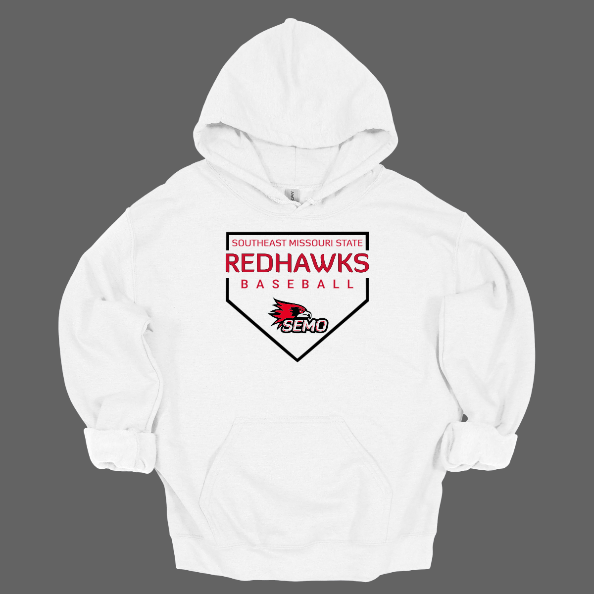 White hoodie with Redhawks baseball logo on a gray background