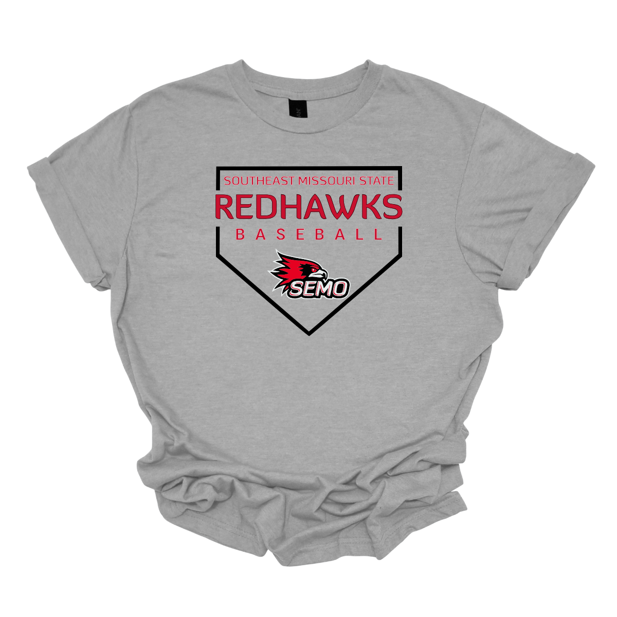 Gray t-shirt with Redhawks baseball logo on a white background