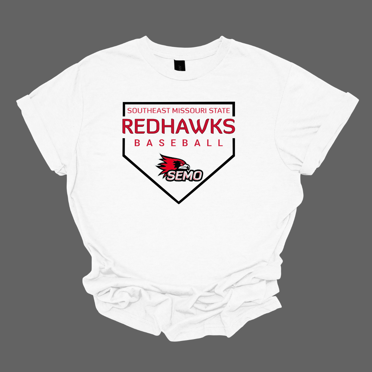 White t-shirt with Southeast Missouri State Redhawks baseball logo on a gray background