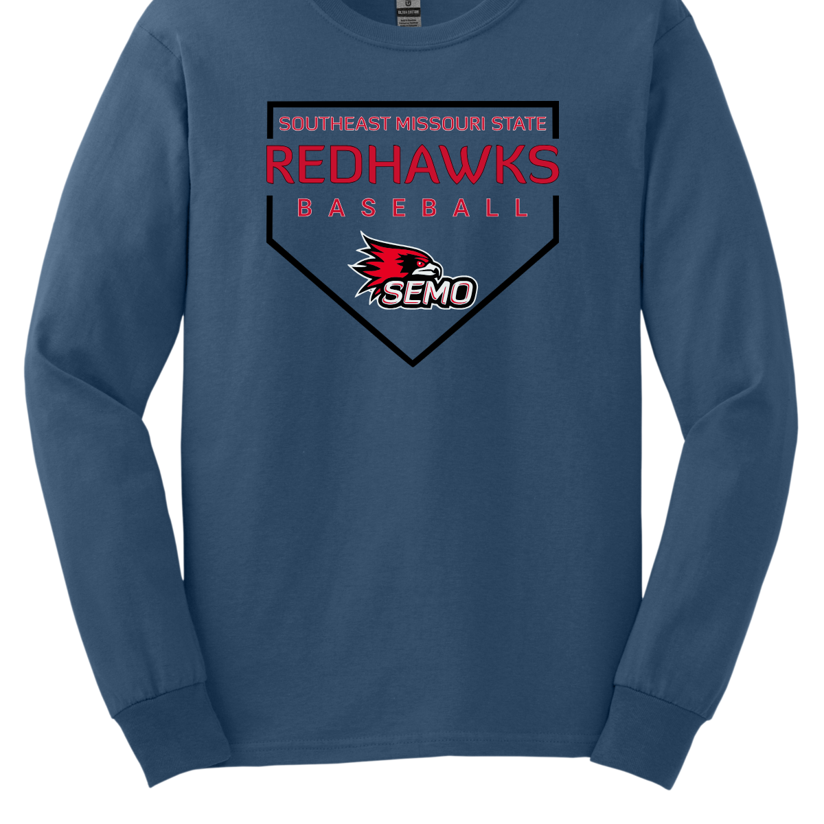 Blue long-sleeve shirt with Southeast Missouri State Redhawks baseball design on a white background