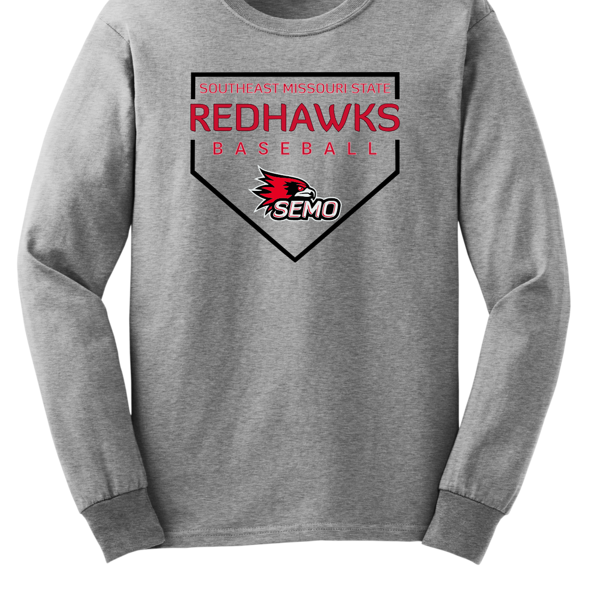 Gray long-sleeve shirt with Redhawks baseball design on a white background