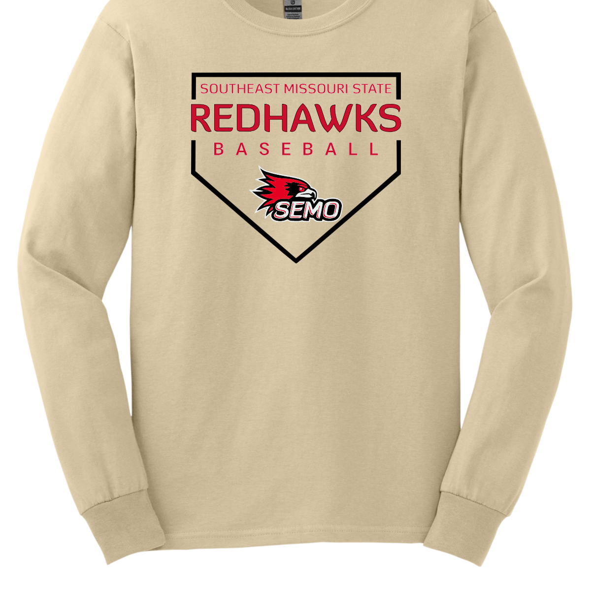 Beige long-sleeve shirt with Southeast Missouri State Redhawks baseball design on a white background