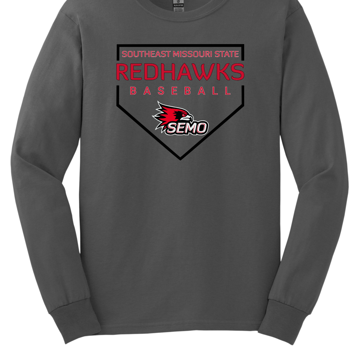 Gray long-sleeve shirt with Southeast Missouri State Redhawks baseball design on a white background