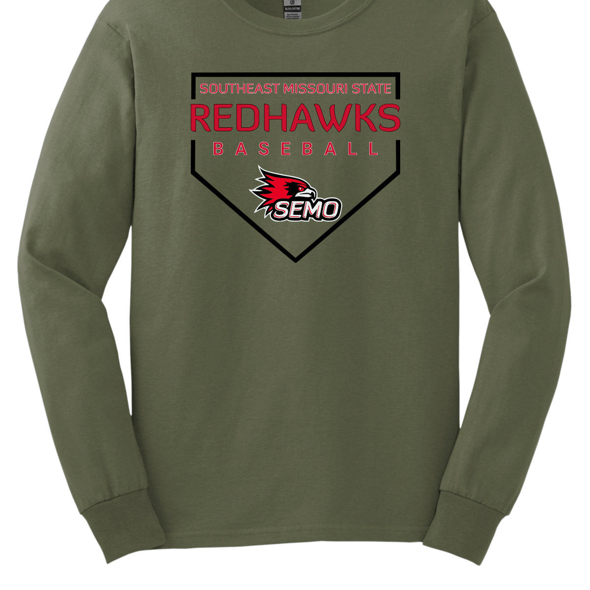 Green long-sleeve shirt with Redhawks baseball design on a white background