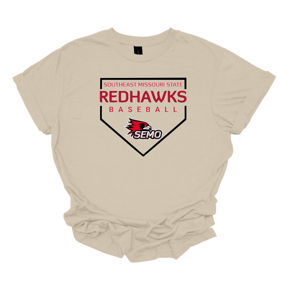 Beige t-shirt with Southeast Missouri State Redhawks baseball logo on a white background