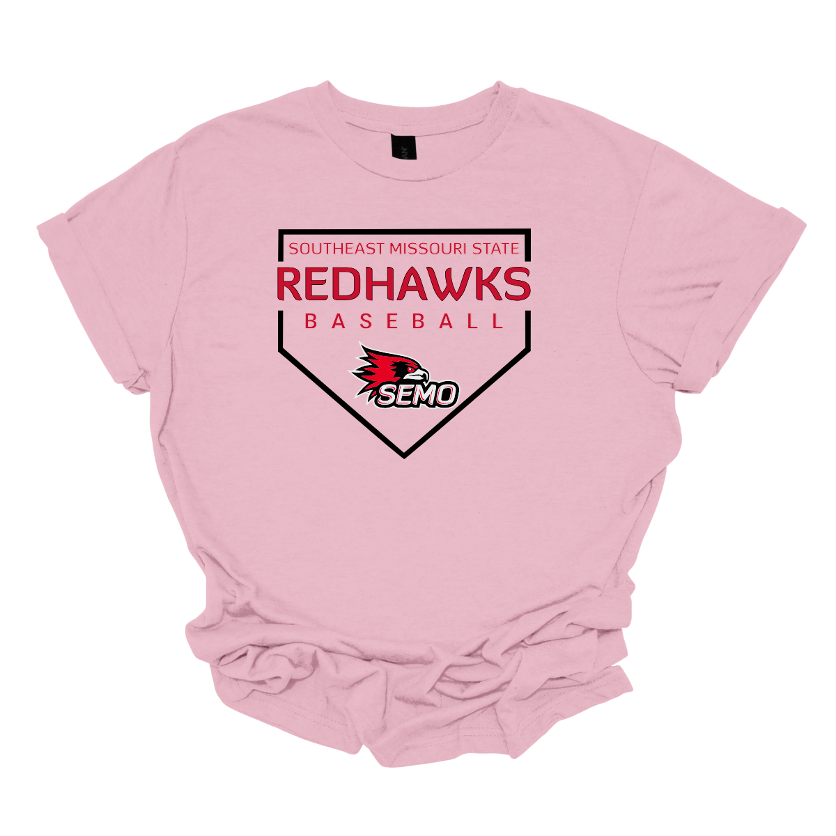 Pink t-shirt with Southeast Missouri State Redhawks baseball design on a white background