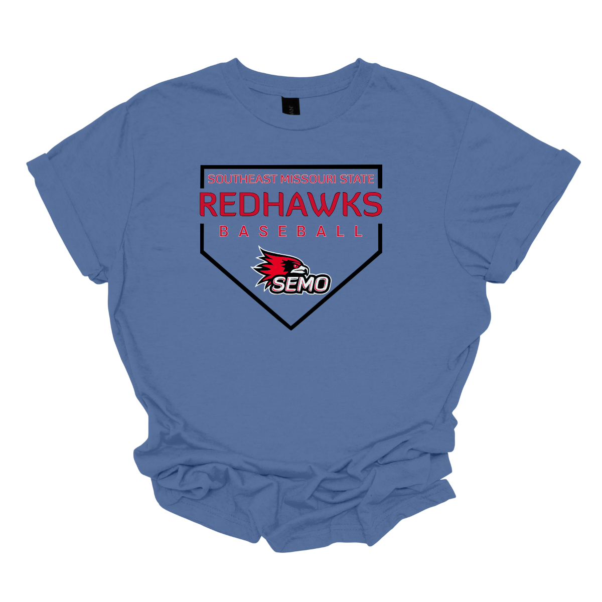 Blue t-shirt with Redhawks baseball design on a white background