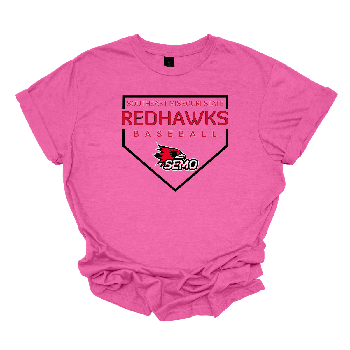 Pink t-shirt with Redhawks baseball design on a white background