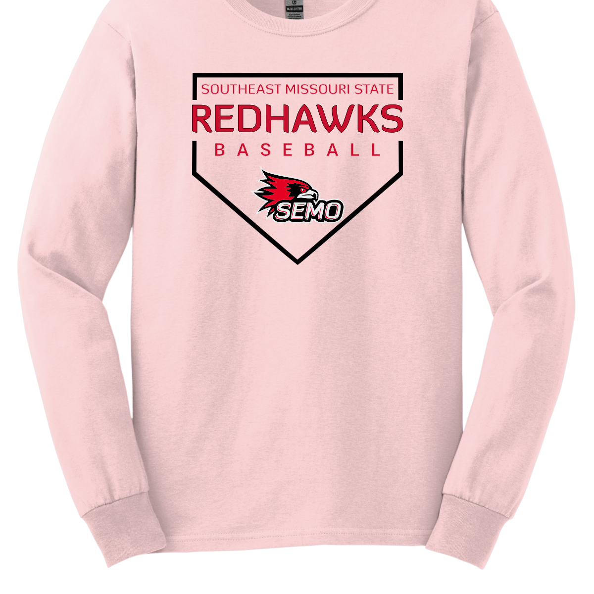 Pink sweatshirt with Southeast Missouri State Redhawks baseball design on a white background