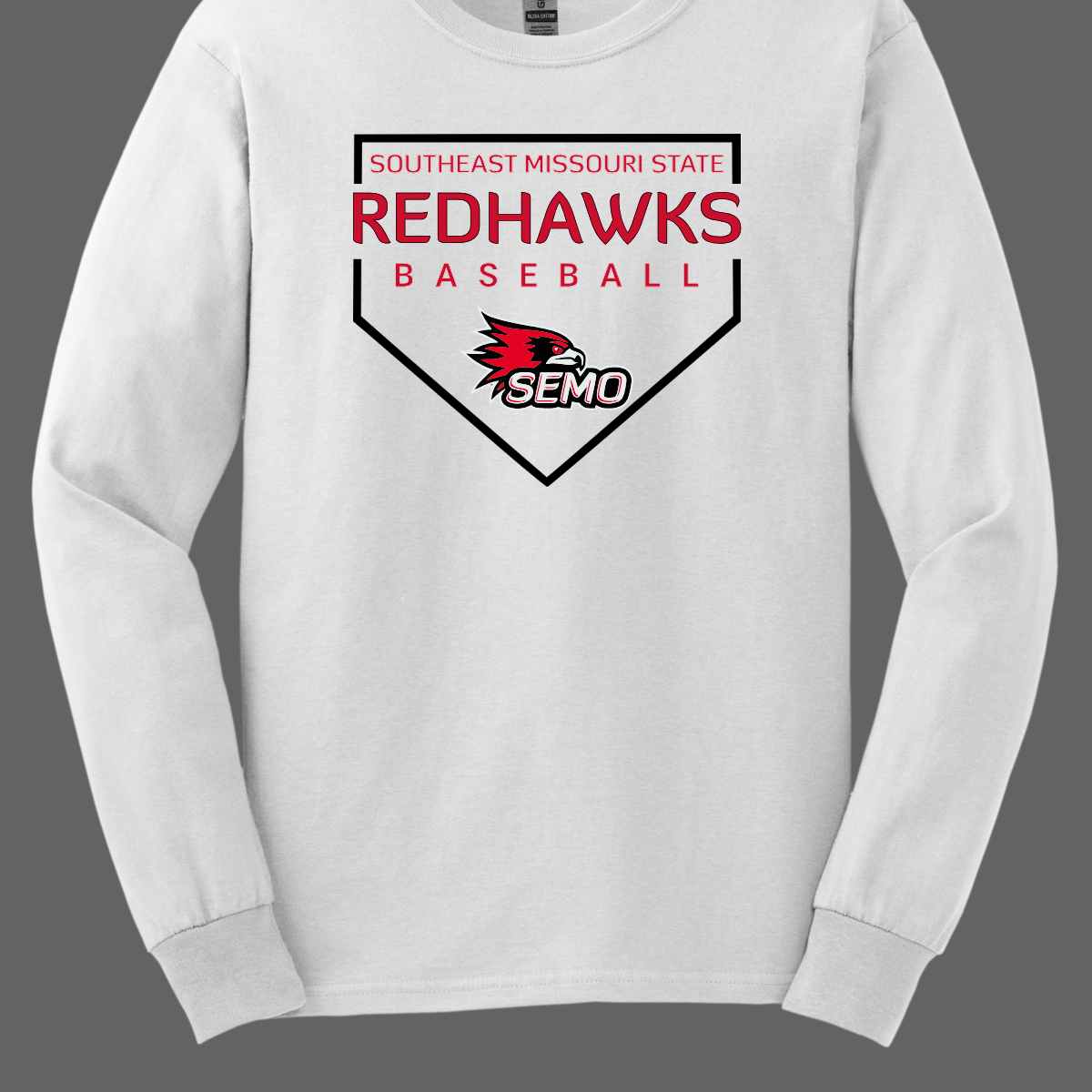 White shirt with Southeast Missouri State Redhawks baseball design on a gray background