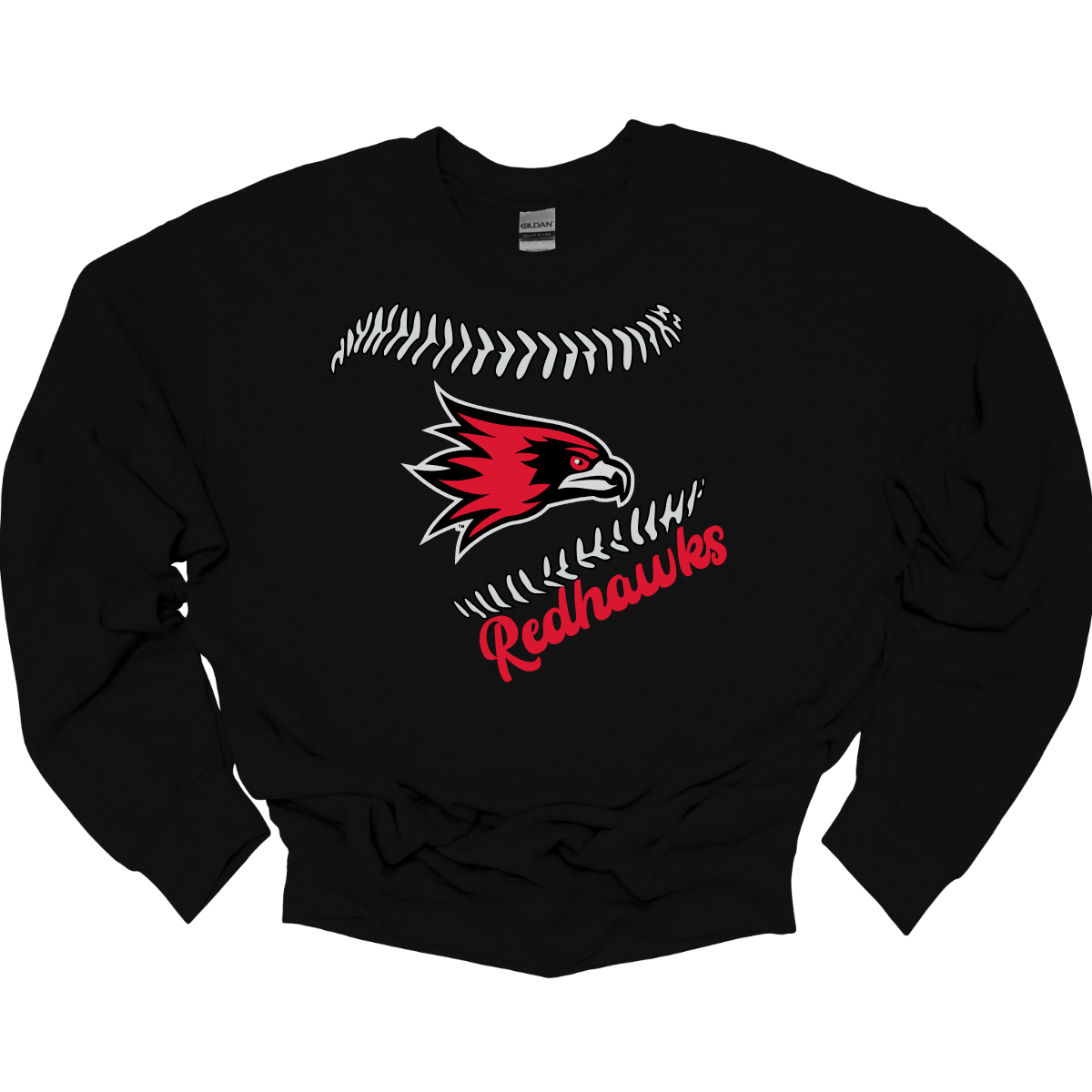 Black sweatshirt with red and white logo on a white background