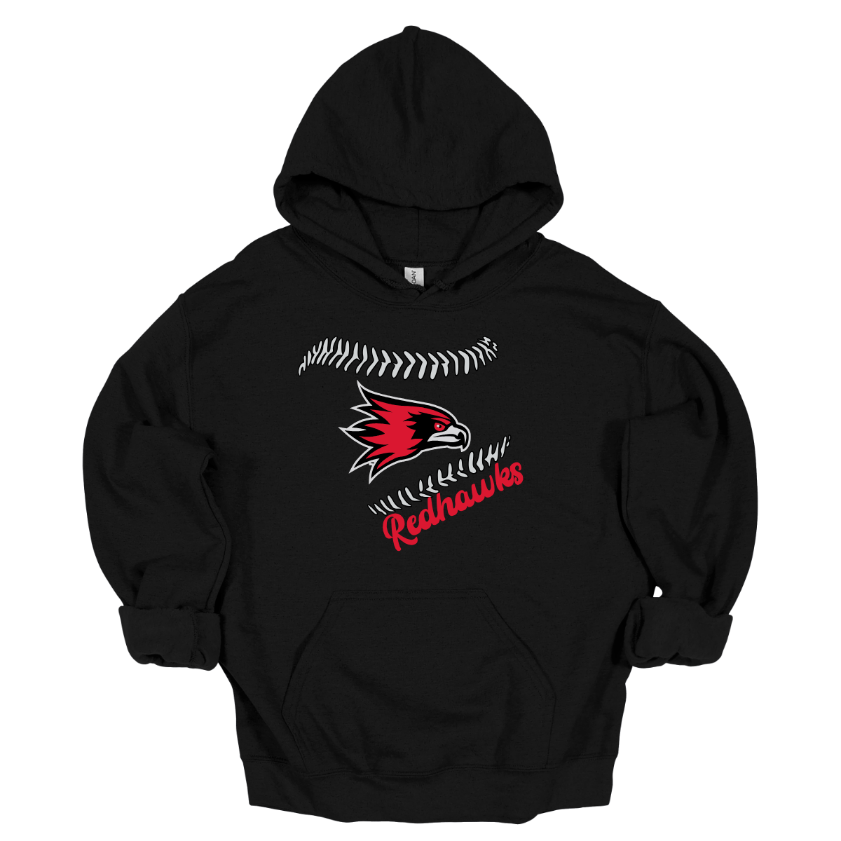 Black hoodie with 'Redhawks' logo on a white background