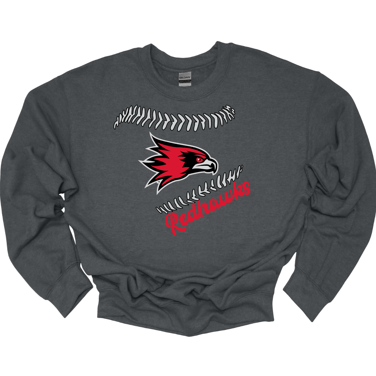 Gray sweatshirt with a red and black redhawk logo and 'Redhawks' text on a white background