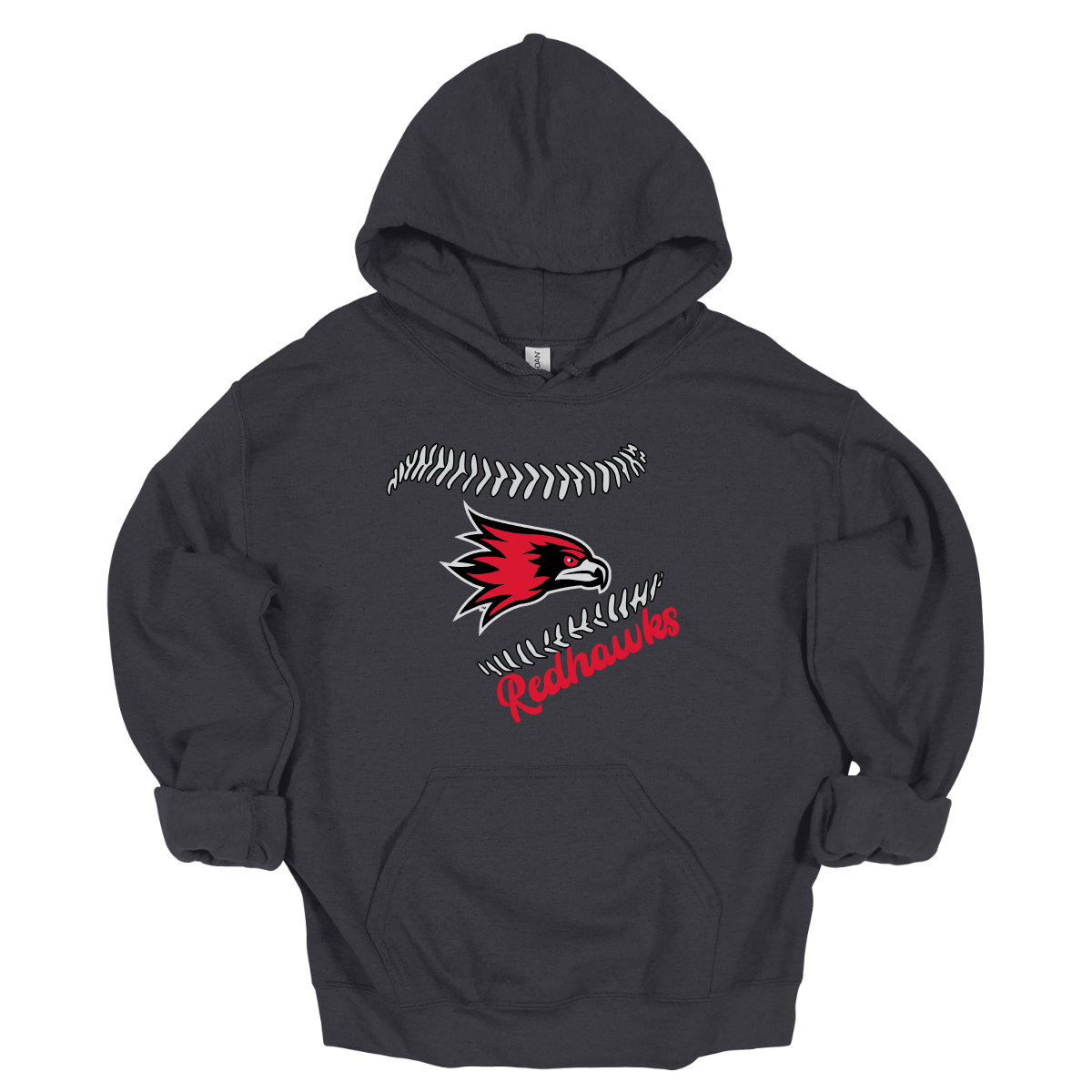Black hoodie with redhawks logo on a white background