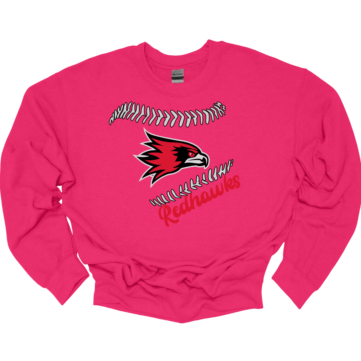 Pink sweatshirt with a logo and text on a white background