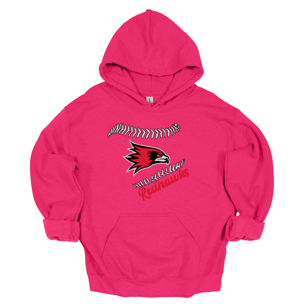 Pink hoodie with a logo and text on a white background