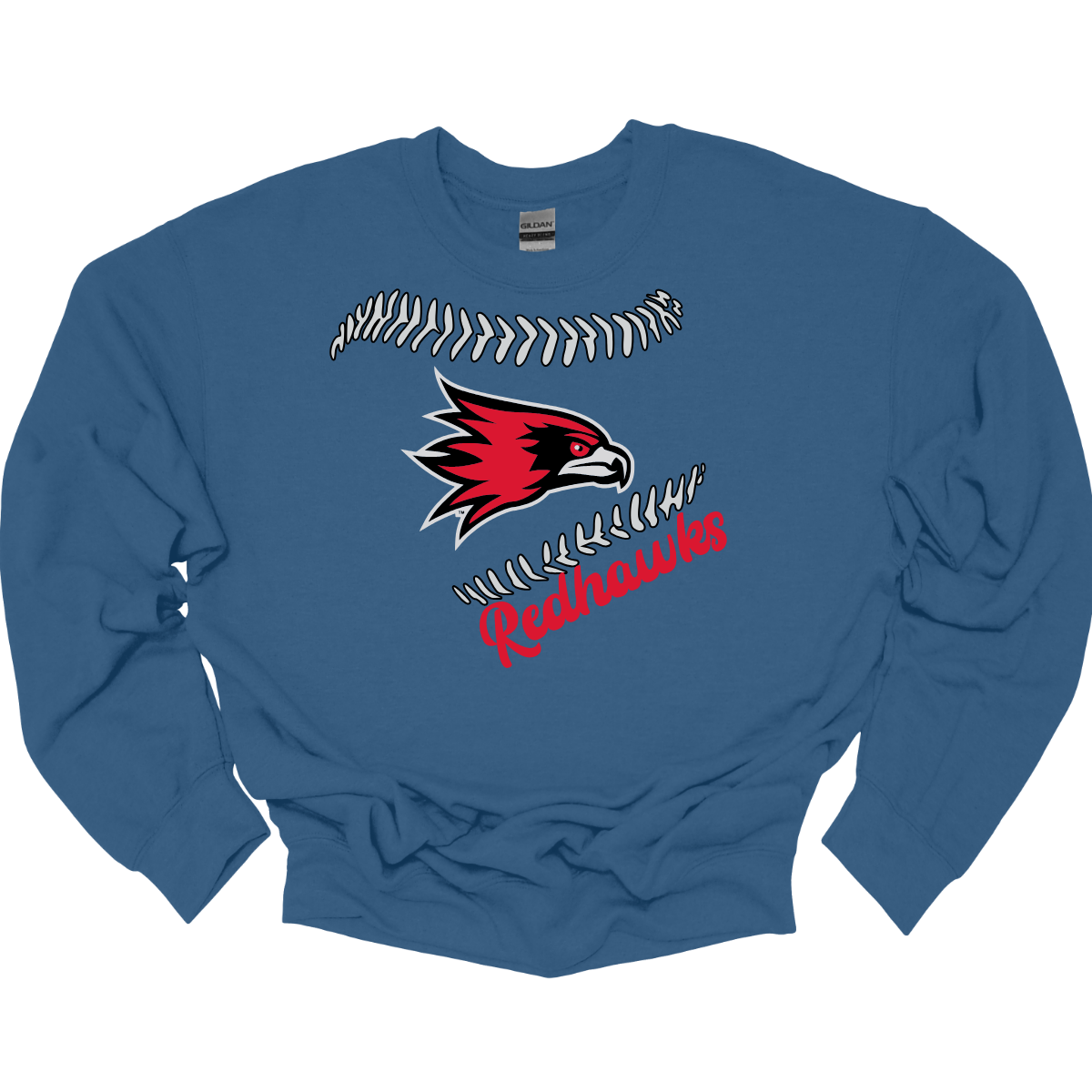 Blue sweatshirt with a red and black redhawk logo and 'Redhawks' text on a white background