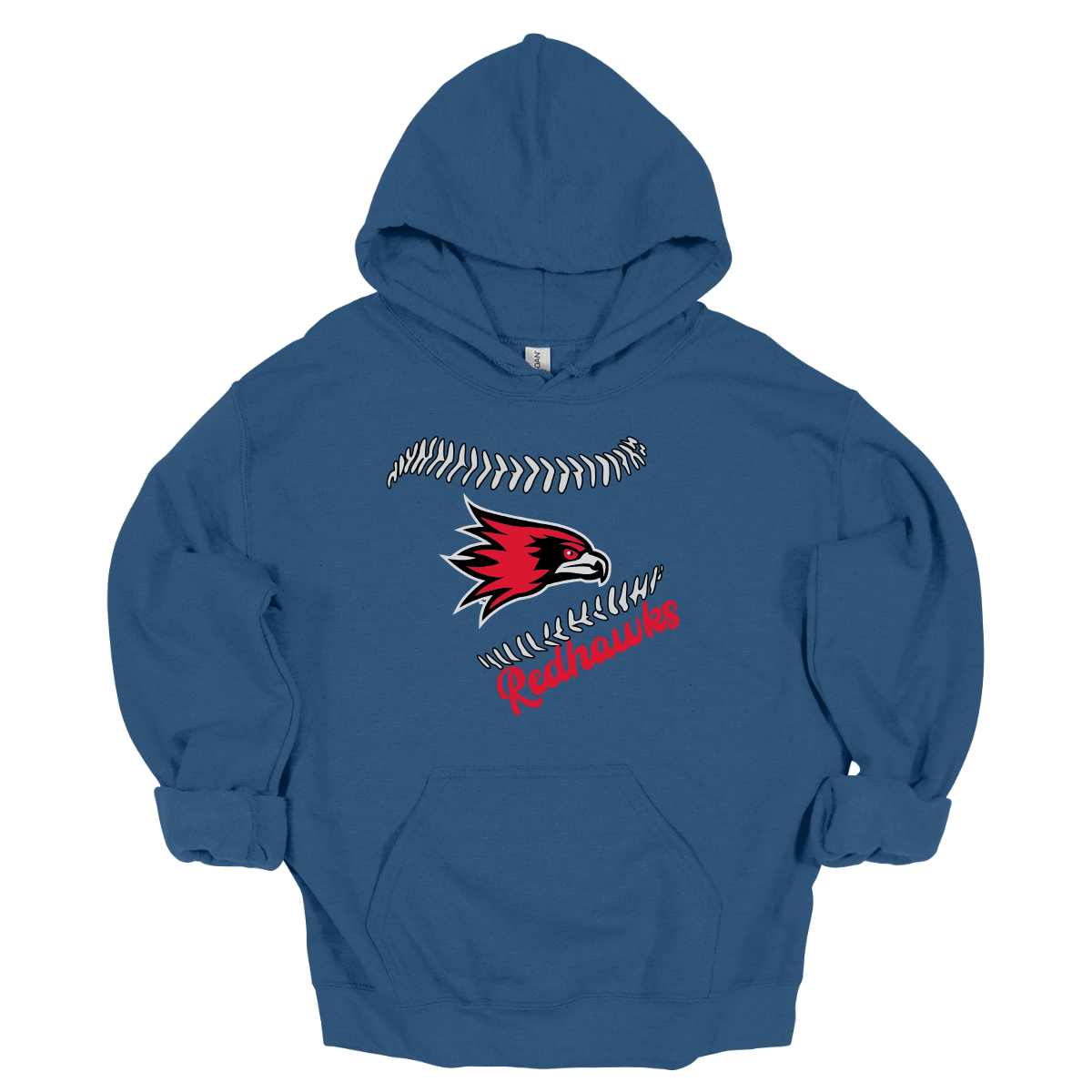 Blue hoodie with a red and black logo on a white background