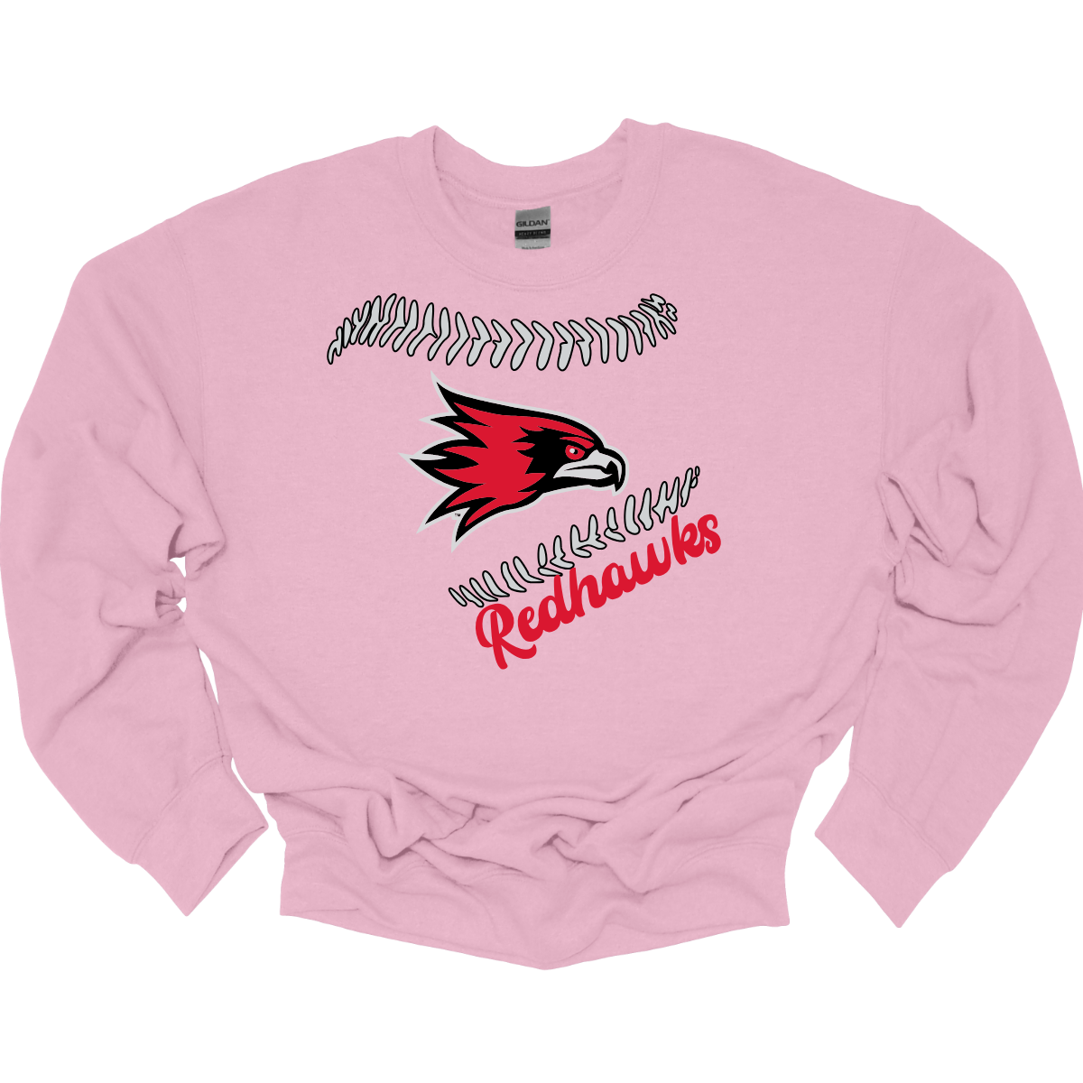 Pink sweatshirt with red and black redhawk logo and 'Redhawks' text on a white background