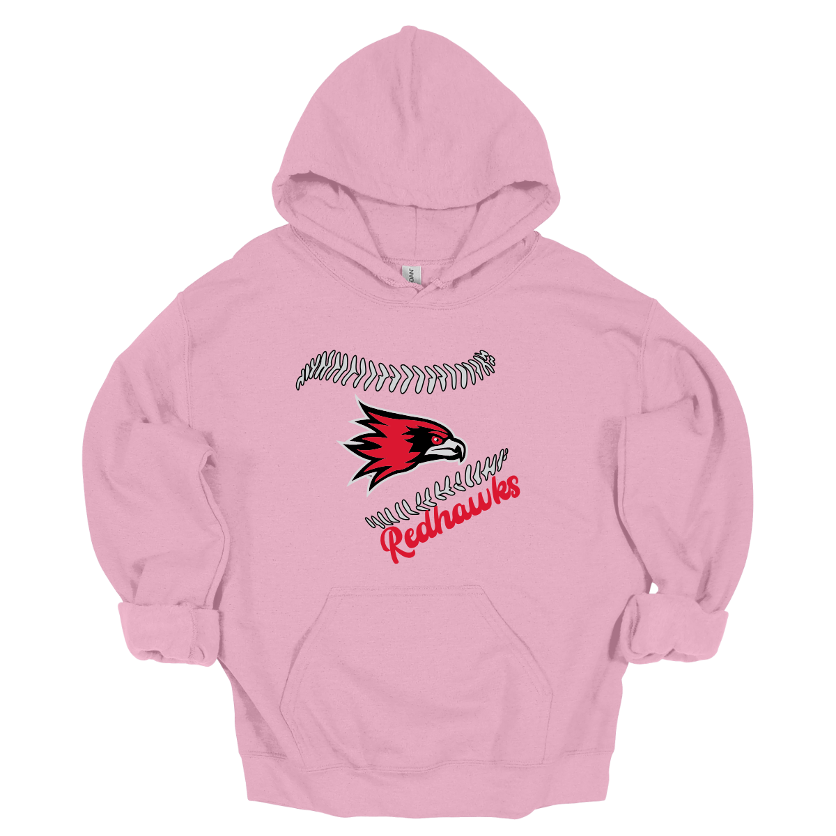 Pink hoodie with a logo and text on a white background