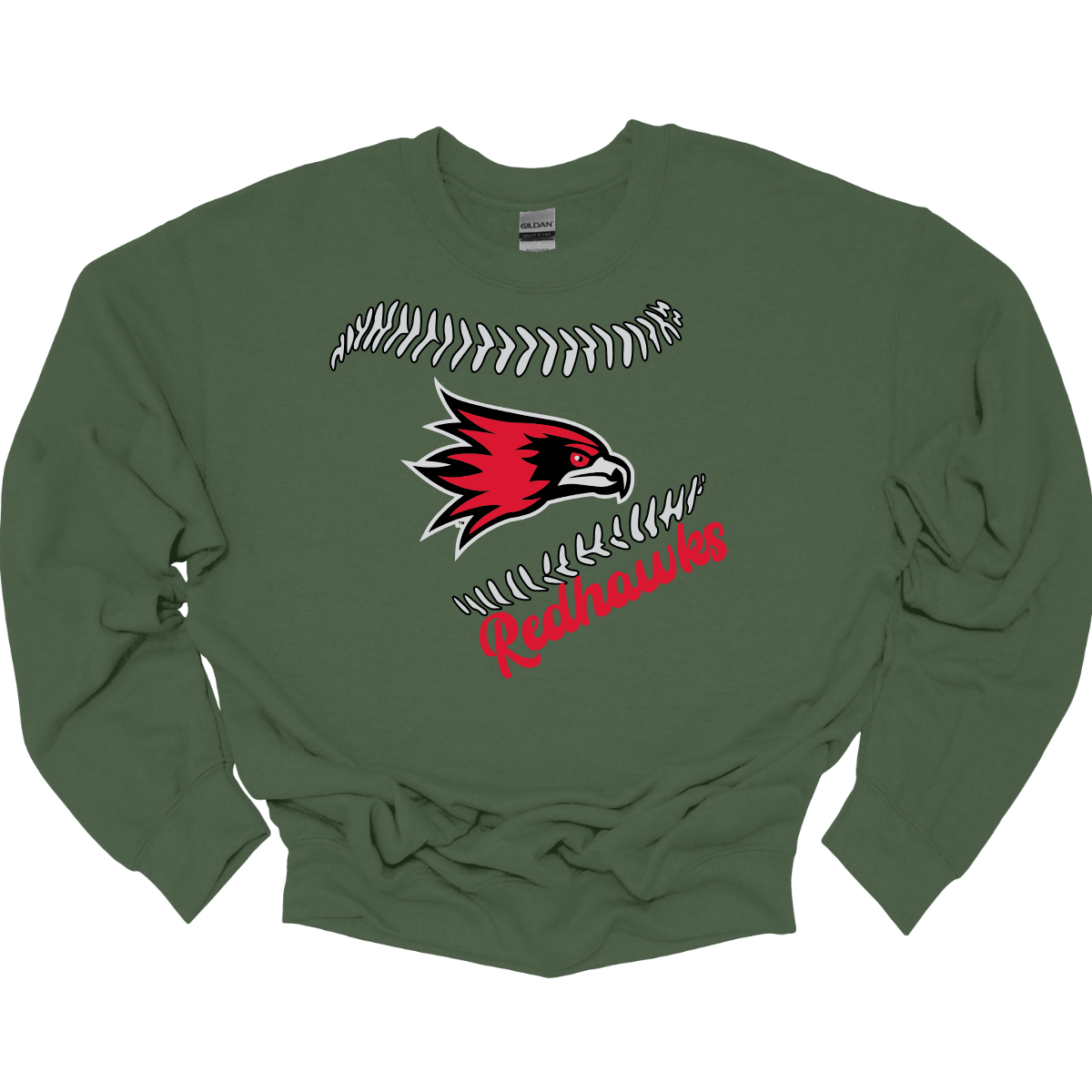Green sweatshirt with a red and black hawk logo and 'Redhawks' text on a white background