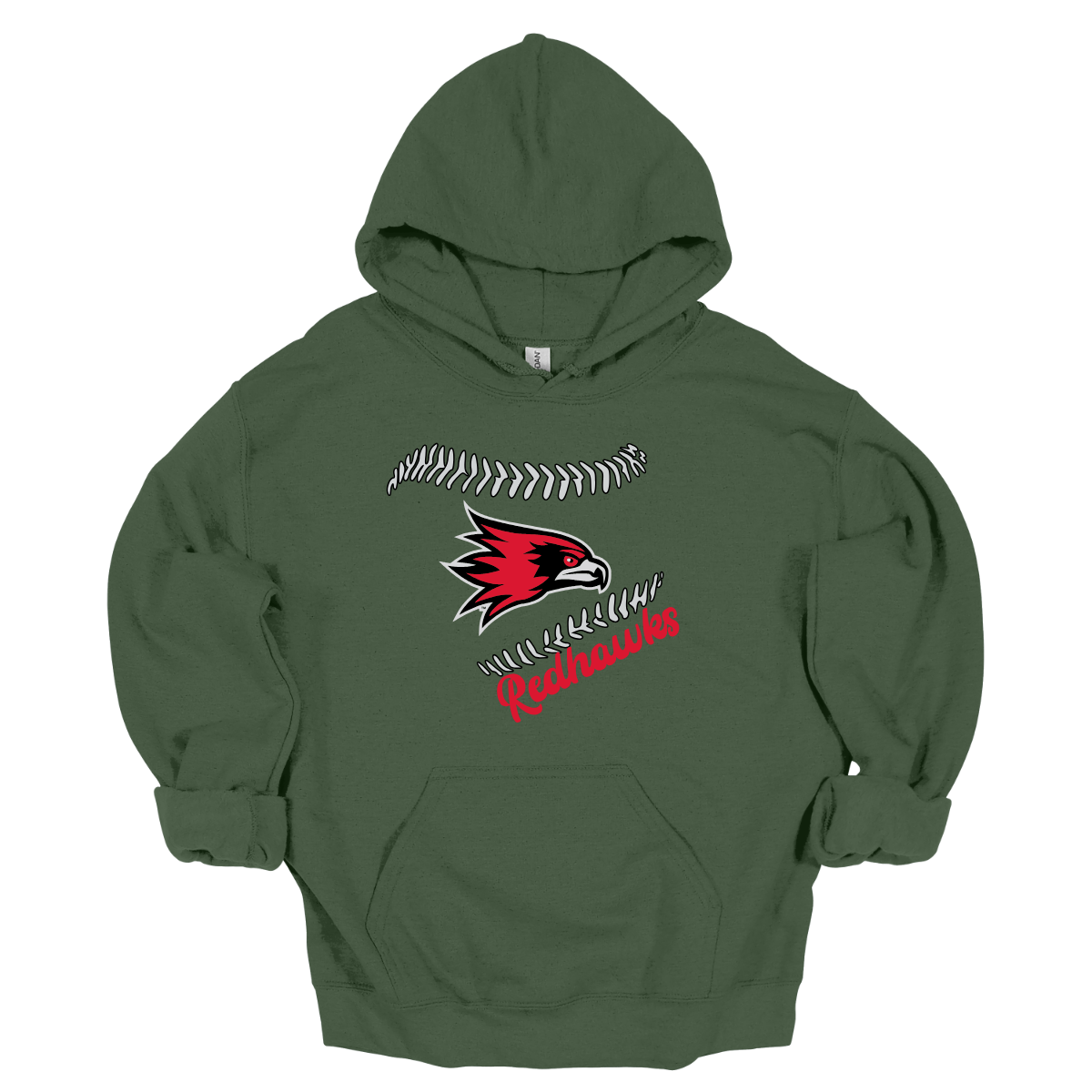 Green hoodie with a red and white logo on a white background
