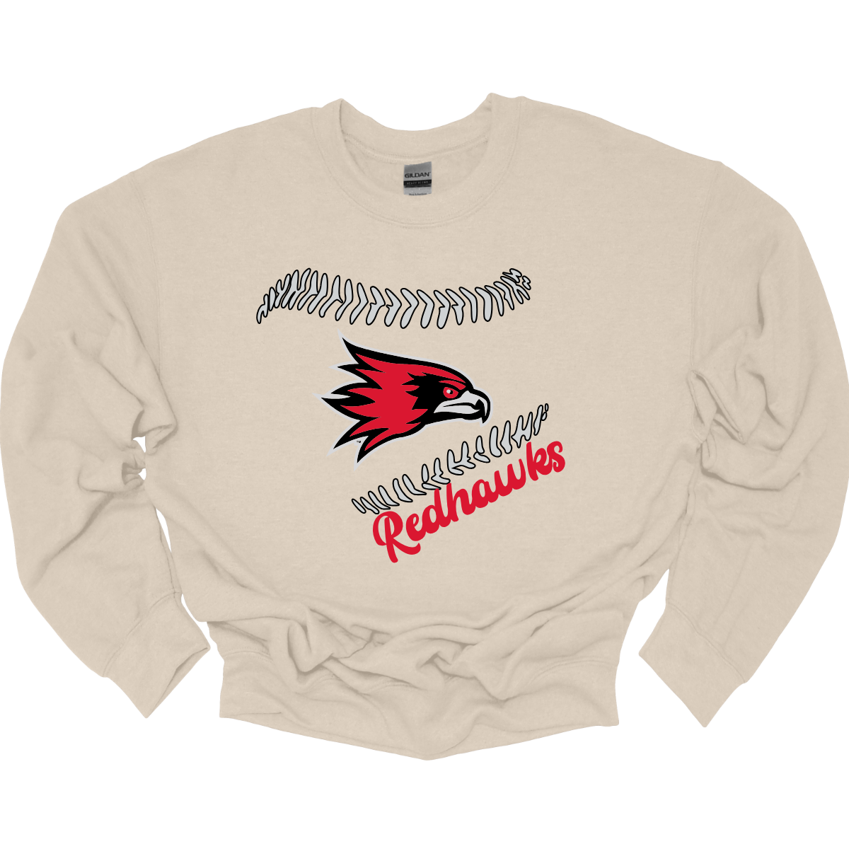 Beige sweatshirt with redhawks logo on a white background