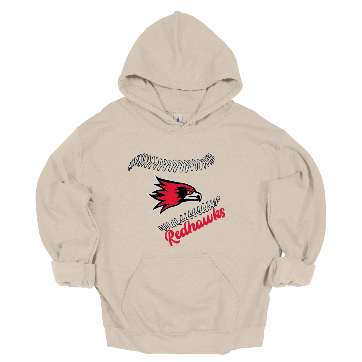 Beige hoodie with red and black redhawk logo and 'Redhawks' text on a white background