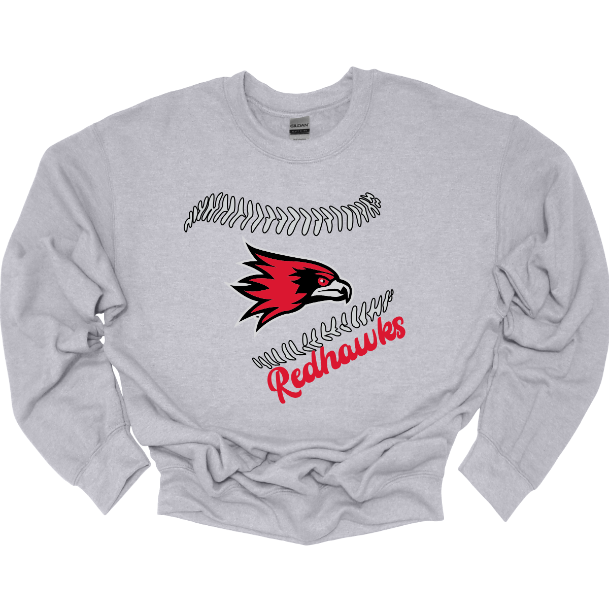 Gray sweatshirt with red and black redhawk logo and 'Redhawks' text on a white background