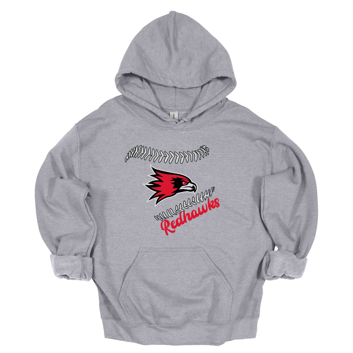 Gray hoodie with red and black logo on a white background