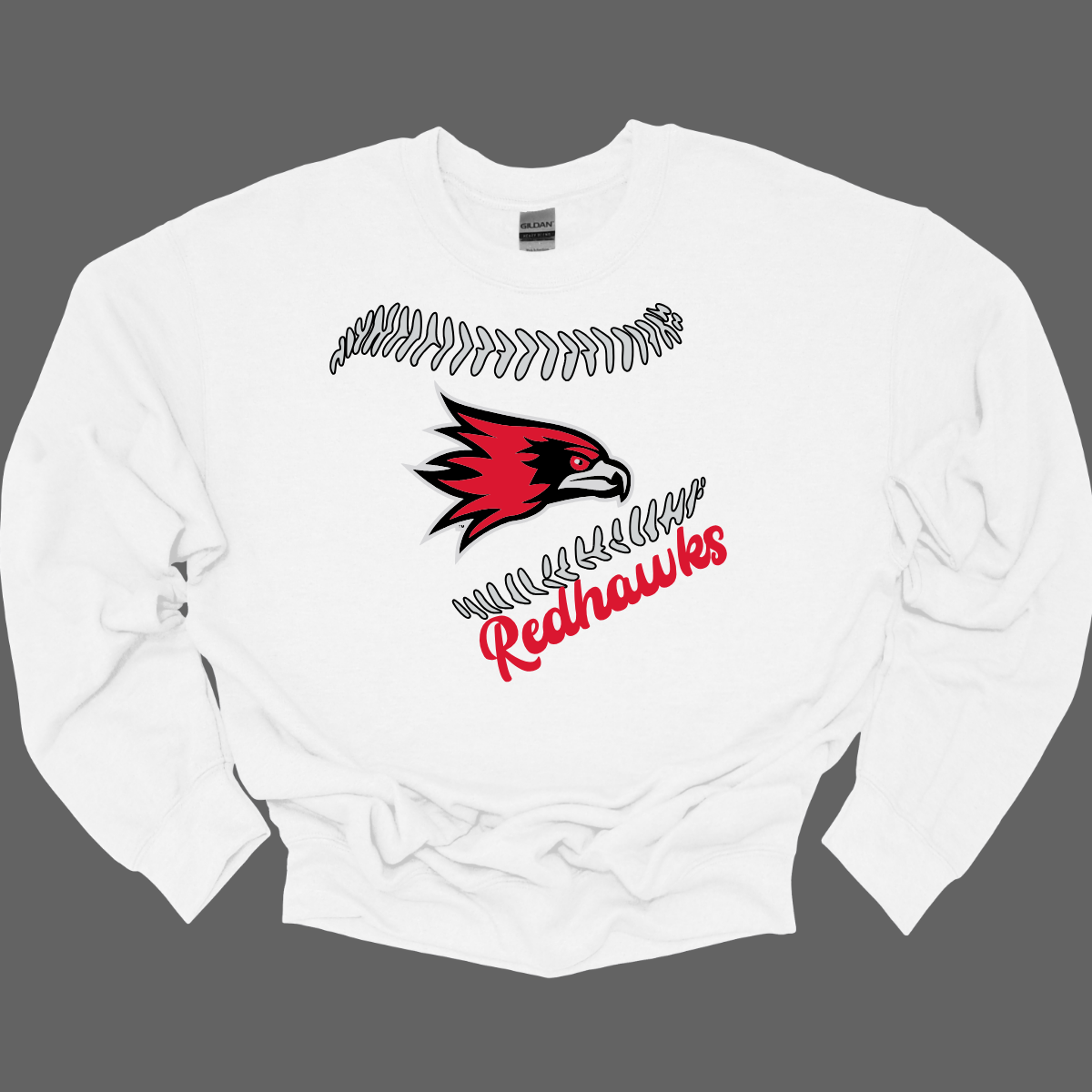 White sweatshirt with red and black redhawk logo and 'Redhawks' text on a gray background