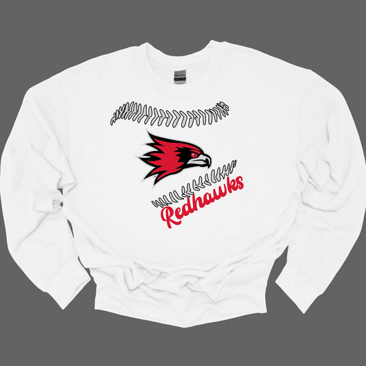 White sweatshirt with red and black redhawk logo and 'Redhawks' text on a gray background