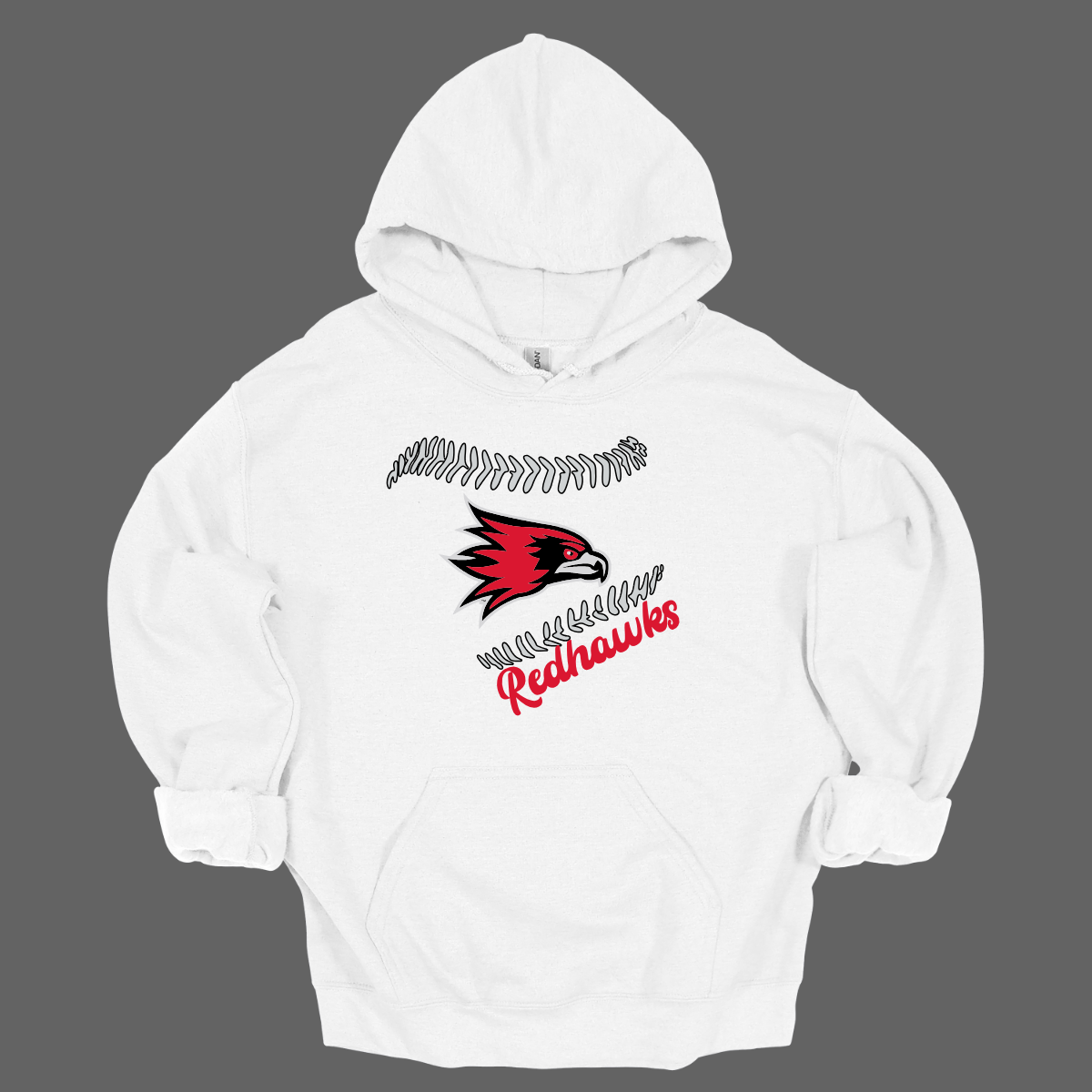 White hoodie with red and black redhawk logo and 'Redhawks' text on a gray background