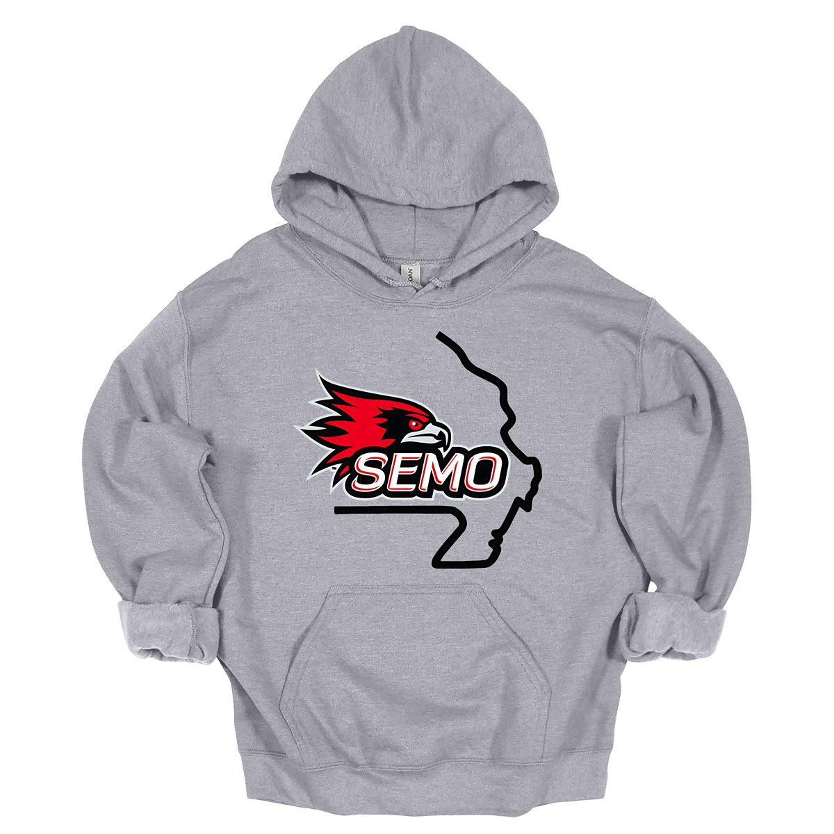 This striking t-shirt features a bold red hawk design at the center, capturing the spirit and fierceness of this majestic bird. The hawk is beautifully outlined in black and grey, seamlessly integrated within the silhouette of the state of Missouri, showcasing pride in both nature and locality. Below the hawk, the word "SEMO" pops in vibrant bubble letters, adding a playful touch that complements the overall design. Shop at Gorgeousware.com