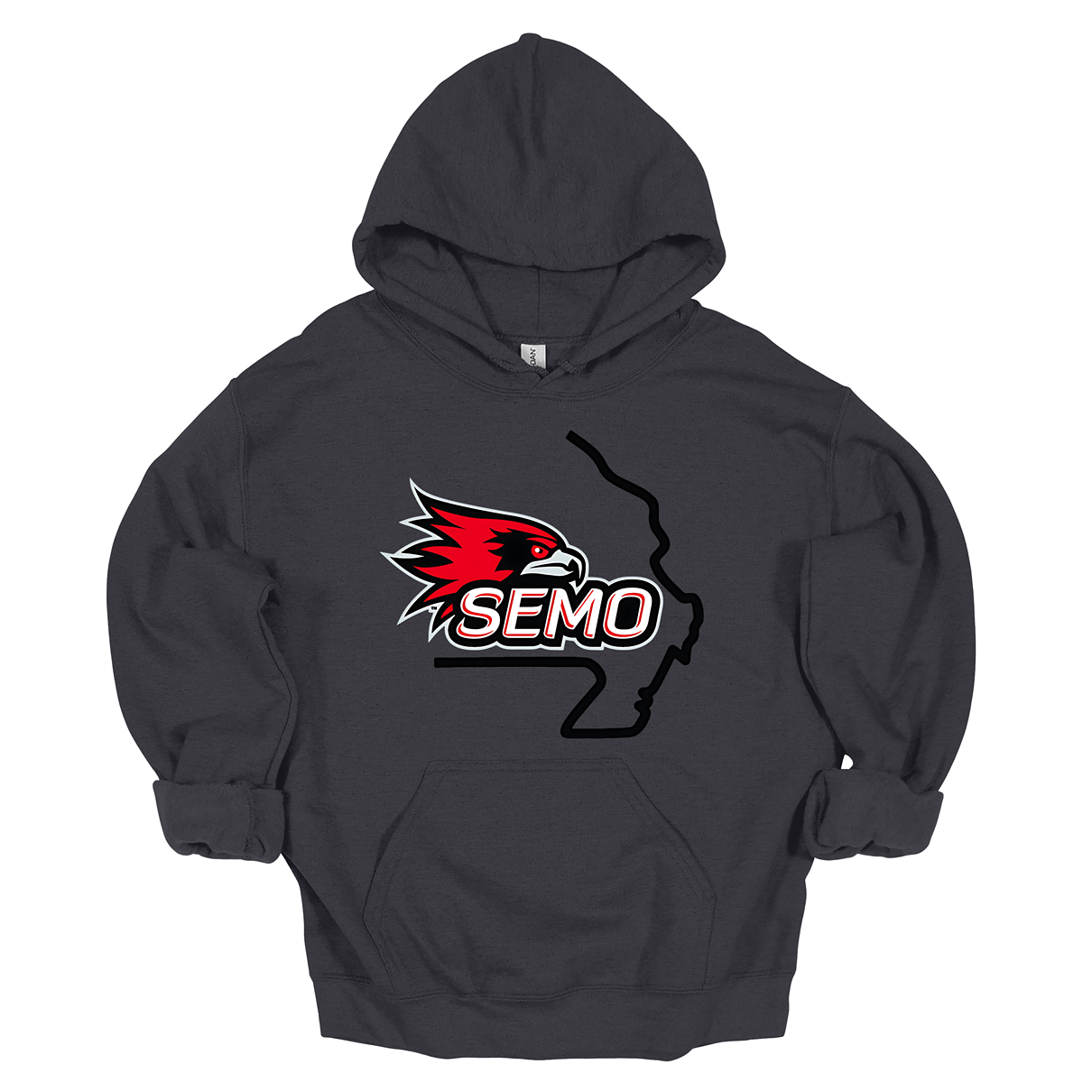 This striking t-shirt features a bold red hawk design at the center, capturing the spirit and fierceness of this majestic bird. The hawk is beautifully outlined in black and grey, seamlessly integrated within the silhouette of the state of Missouri, showcasing pride in both nature and locality. Below the hawk, the word "SEMO" pops in vibrant bubble letters, adding a playful touch that complements the overall design.  Shop at Gorgeousware.com