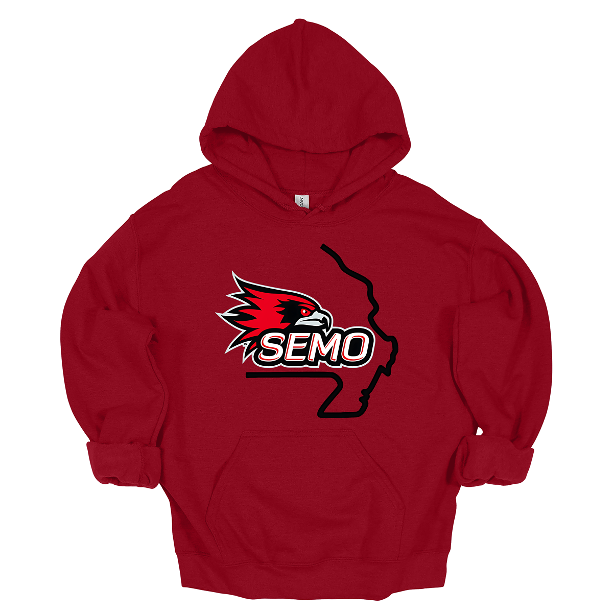 This striking t-shirt features a bold red hawk design at the center, capturing the spirit and fierceness of this majestic bird. The hawk is beautifully outlined in black and grey, seamlessly integrated within the silhouette of the state of Missouri, showcasing pride in both nature and locality. Below the hawk, the word "SEMO" pops in vibrant bubble letters, adding a playful touch that complements the overall design. Shop at Gorgeousware.com