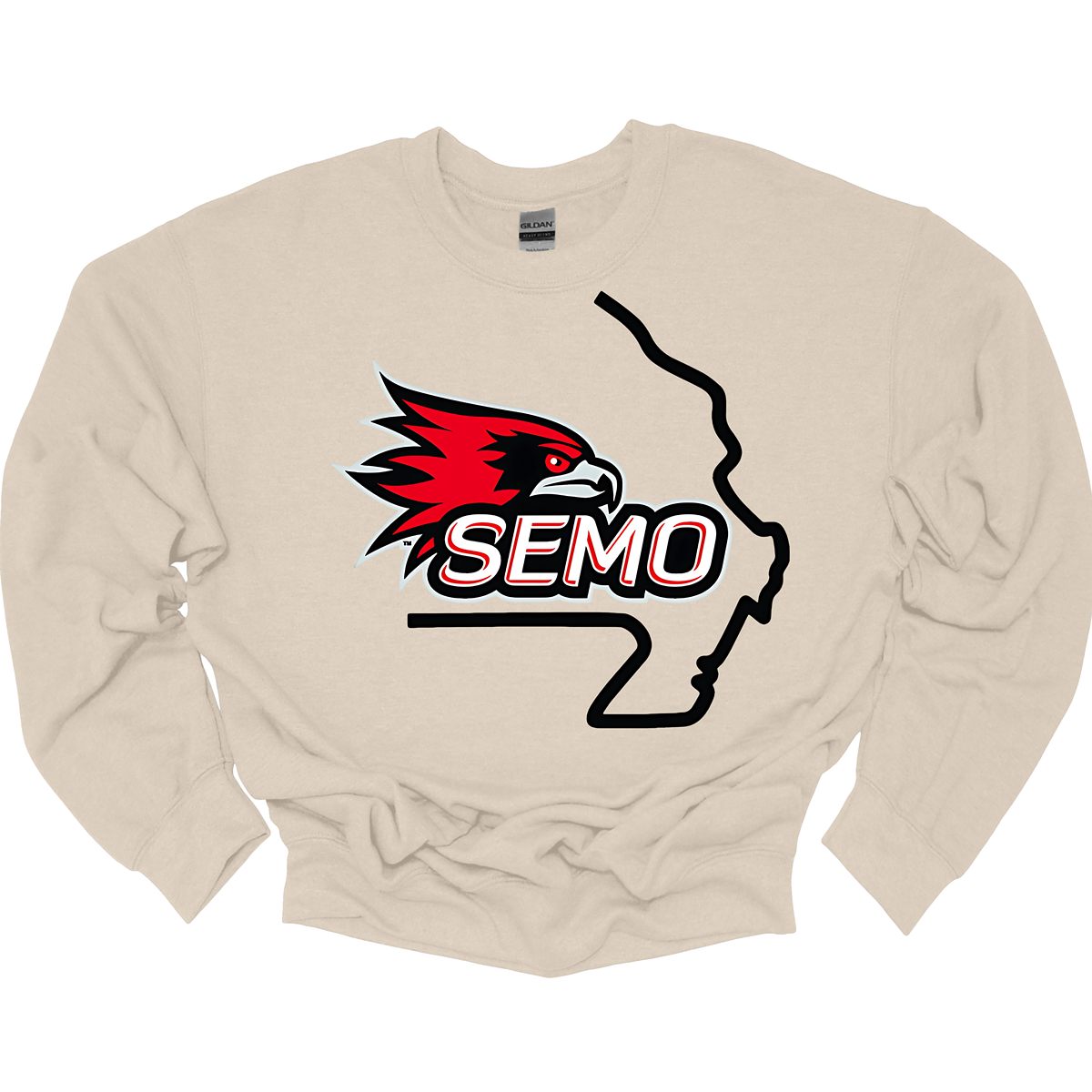 This striking t-shirt features a bold red hawk design at the center, capturing the spirit and fierceness of this majestic bird. The hawk is beautifully outlined in black and grey, seamlessly integrated within the silhouette of the state of Missouri, showcasing pride in both nature and locality. Below the hawk, the word "SEMO" pops in vibrant bubble letters, adding a playful touch that complements the overall design.  Shop at Gorgeousware.com