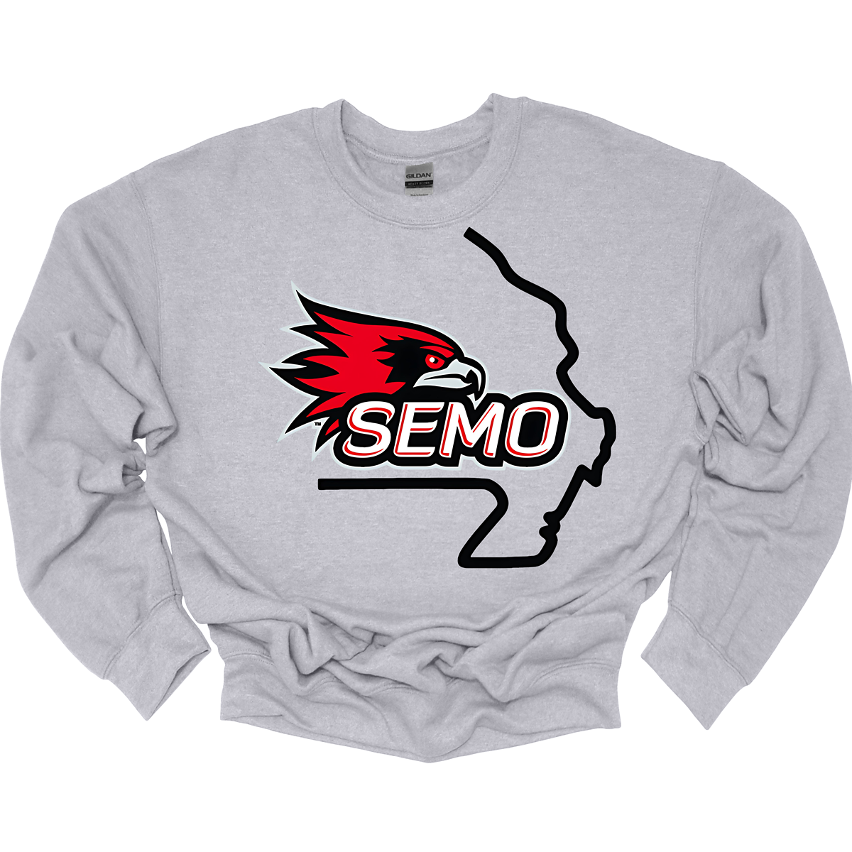 This striking t-shirt features a bold red hawk design at the center, capturing the spirit and fierceness of this majestic bird. The hawk is beautifully outlined in black and grey, seamlessly integrated within the silhouette of the state of Missouri, showcasing pride in both nature and locality. Below the hawk, the word "SEMO" pops in vibrant bubble letters, adding a playful touch that complements the overall design. Shop at Gorgeousware.com