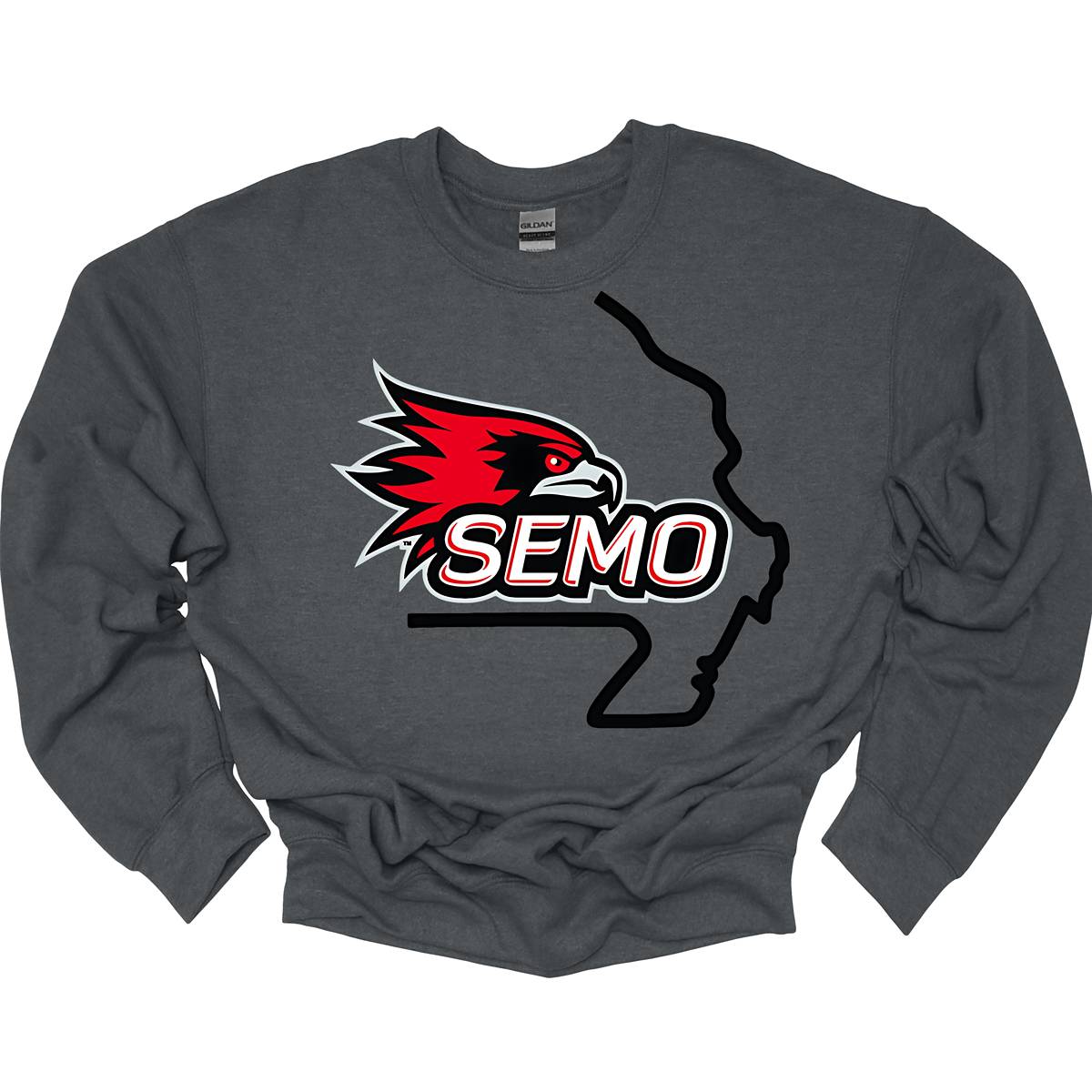 This striking t-shirt features a bold red hawk design at the center, capturing the spirit and fierceness of this majestic bird. The hawk is beautifully outlined in black and grey, seamlessly integrated within the silhouette of the state of Missouri, showcasing pride in both nature and locality. Below the hawk, the word "SEMO" pops in vibrant bubble letters, adding a playful touch that complements the overall design.  Shop at Gorgeousware.com