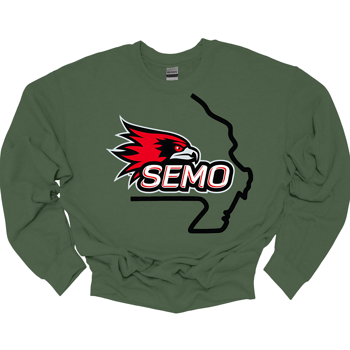 This striking t-shirt features a bold red hawk design at the center, capturing the spirit and fierceness of this majestic bird. The hawk is beautifully outlined in black and grey, seamlessly integrated within the silhouette of the state of Missouri, showcasing pride in both nature and locality. Below the hawk, the word "SEMO" pops in vibrant bubble letters, adding a playful touch that complements the overall design. Shop at Gorgeousware.com