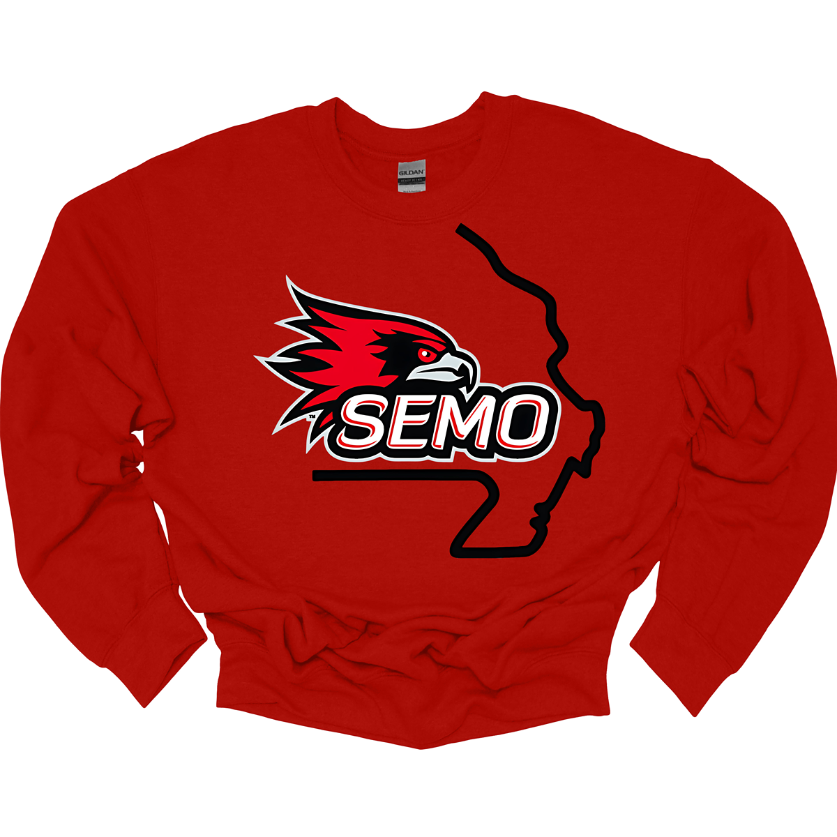 This striking t-shirt features a bold red hawk design at the center, capturing the spirit and fierceness of this majestic bird. The hawk is beautifully outlined in black and grey, seamlessly integrated within the silhouette of the state of Missouri, showcasing pride in both nature and locality. Below the hawk, the word "SEMO" pops in vibrant bubble letters, adding a playful touch that complements the overall design. Shop at Gorgeousware.com