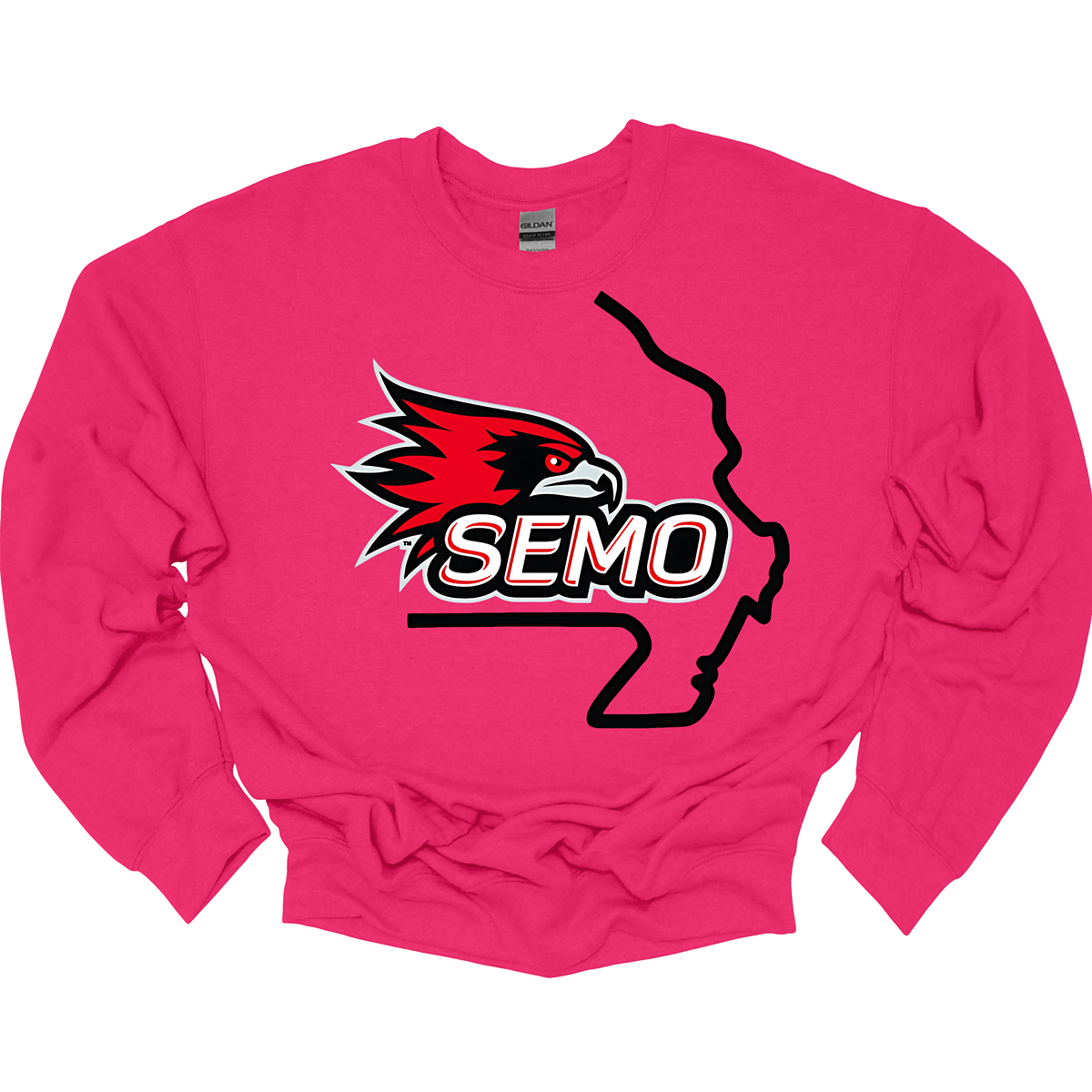 This striking t-shirt features a bold red hawk design at the center, capturing the spirit and fierceness of this majestic bird. The hawk is beautifully outlined in black and grey, seamlessly integrated within the silhouette of the state of Missouri, showcasing pride in both nature and locality. Below the hawk, the word "SEMO" pops in vibrant bubble letters, adding a playful touch that complements the overall design. Shop at Gorgeousware.com