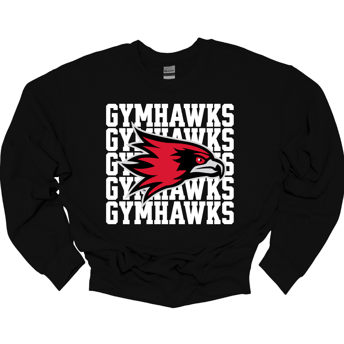 Black sweatshirt with red and white hawk logo and 'GYMHAWKS' text on a white background