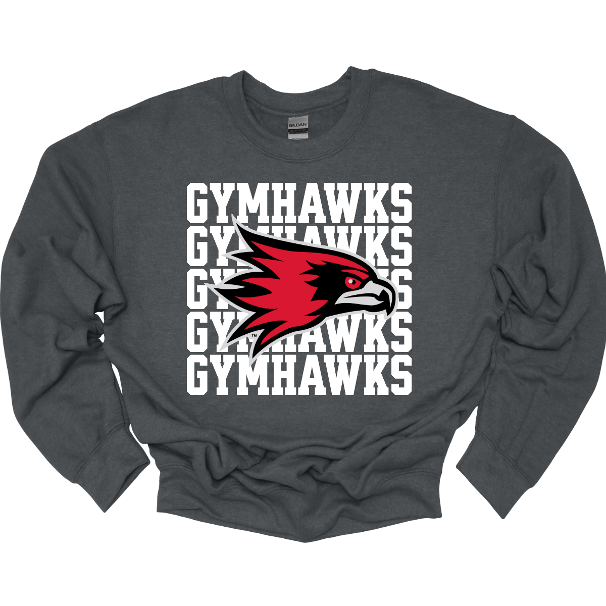Gray sweatshirt with red and white 'Gymhawks' logo on a white background