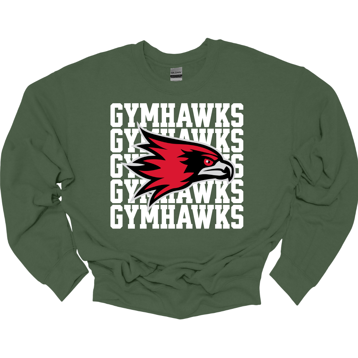 Green sweatshirt with 'GYMHAWKS' text and red and black hawk logo on a white background