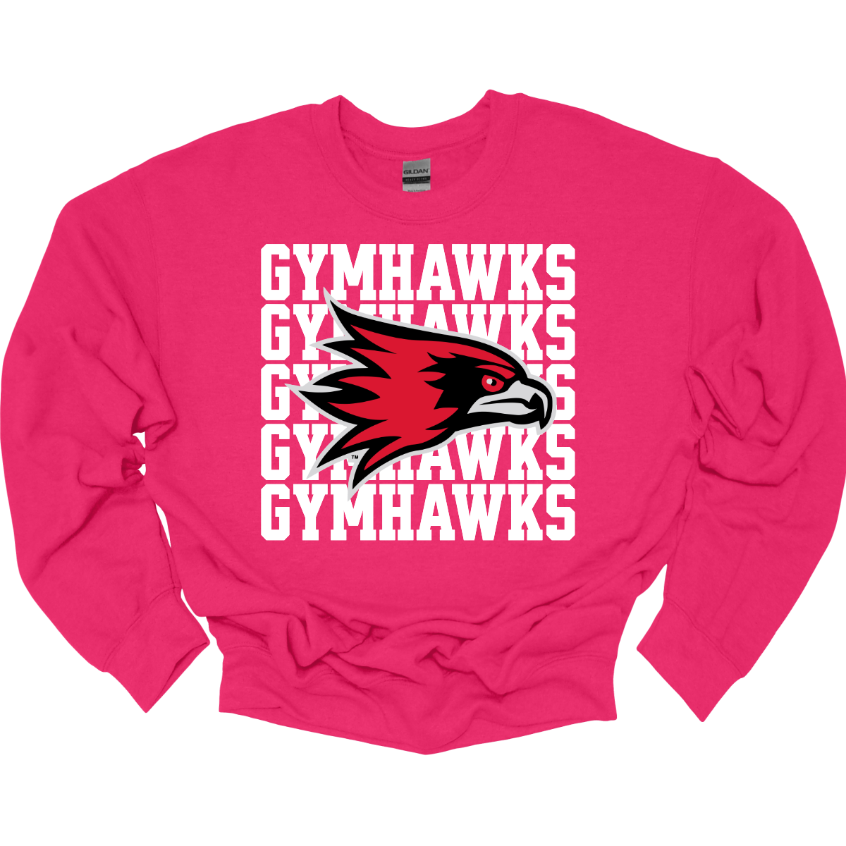 Pink sweatshirt with 'GYMHAWKS' text and hawk logo on a white background