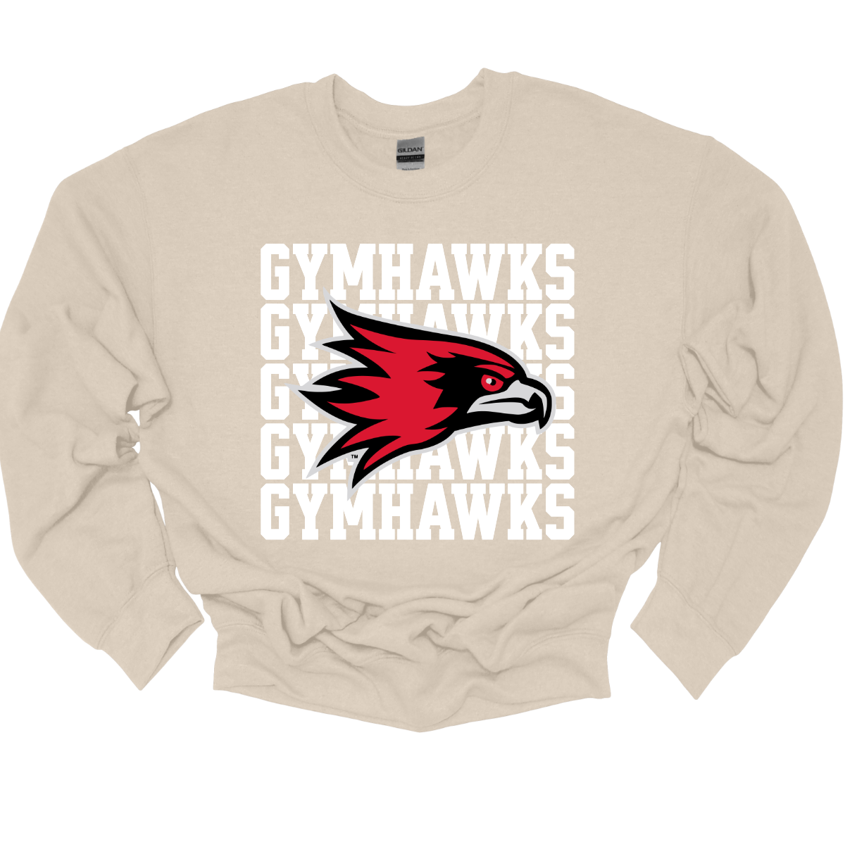 Beige sweatshirt with red and black hawk logo and 'GYMHAWKS' text on a white background